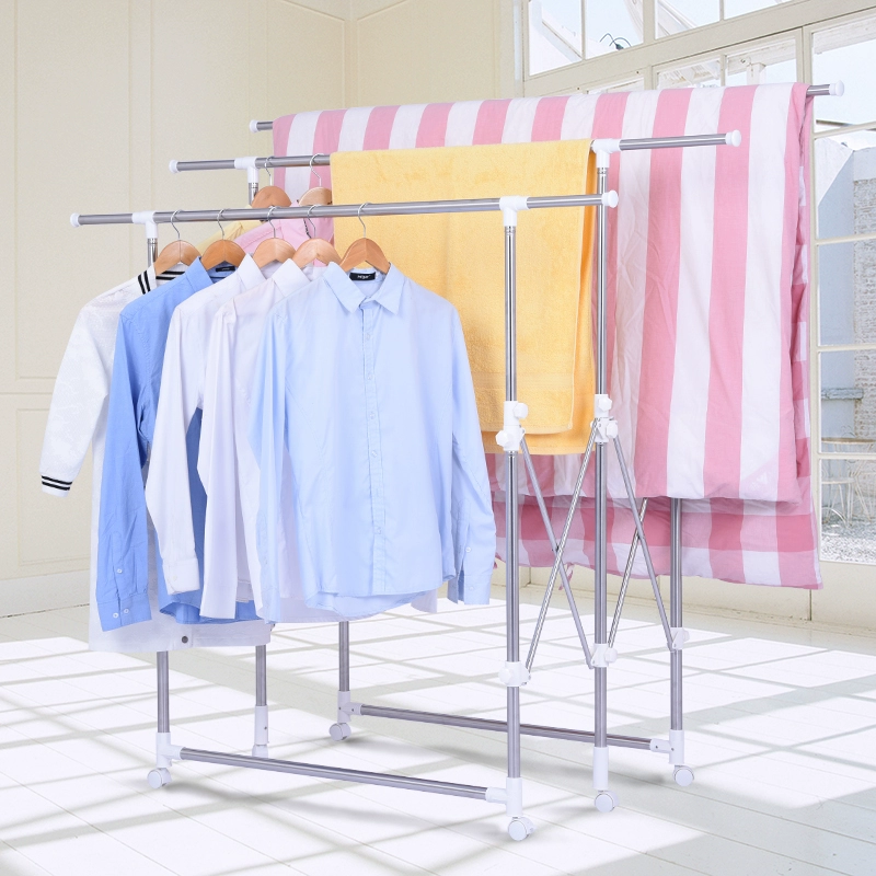 Напольная складная телескопическая сушилка для белья с двумя полками, балконная вешалка для одежды из нержавеющей стали, простая вешалка для одежды