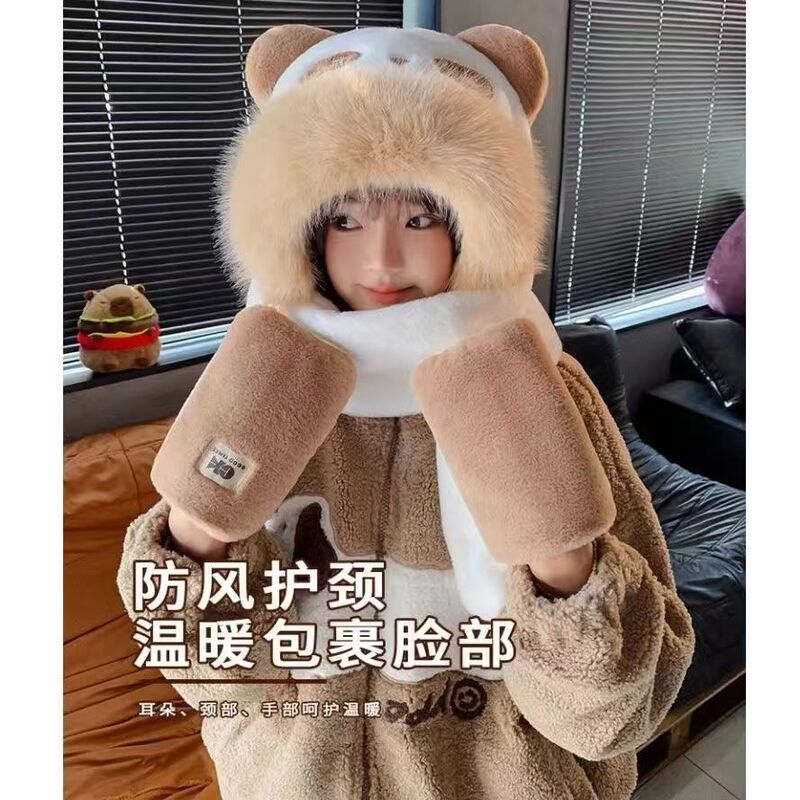 2025新款防寒保暖米乐熊毛绒帽子围巾手套一体女冬季加厚护耳骑行|undefined