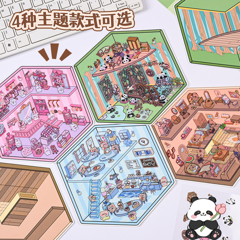 Pegatinas de paisajismo tridimensionales en 3D, sin cortar, niñas, niños, materiales de cuentas manuales, descompresión, pegatinas de escenas en miniatura, cabañas de bricolaje