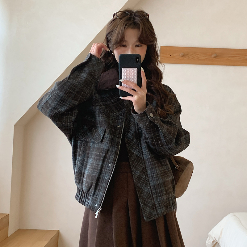 [Bencu] Barn Style Retro Loose Jacket 25 Winter Color-Blocked Lapel Plaid Short Woolen Coat for Women