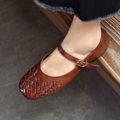方頭編織法式小皮鞋女低跟一字帶瑪麗珍鞋2024新款淺口女單鞋真皮