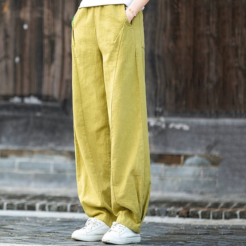 Thin Summer Cotton and Linen Pants, Ethnic Style Trousers, Women's Banana Pants, Elastic Waist Carrot Pants, Slimming Wide Leg Pants for Women