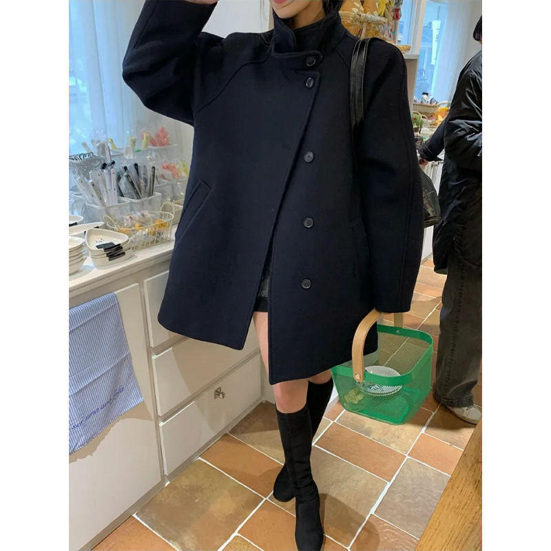 韩版秋冬季复古英伦高级感立领单排扣百搭夹棉加厚毛呢大衣外套