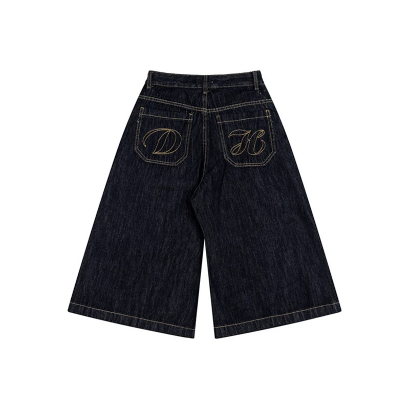 Unisex Vintage American Style Denim Capri Pants With Multi-Pockets, Relaxed Fit Straight Leg Wide Cuff For Summer_mkmklike.com