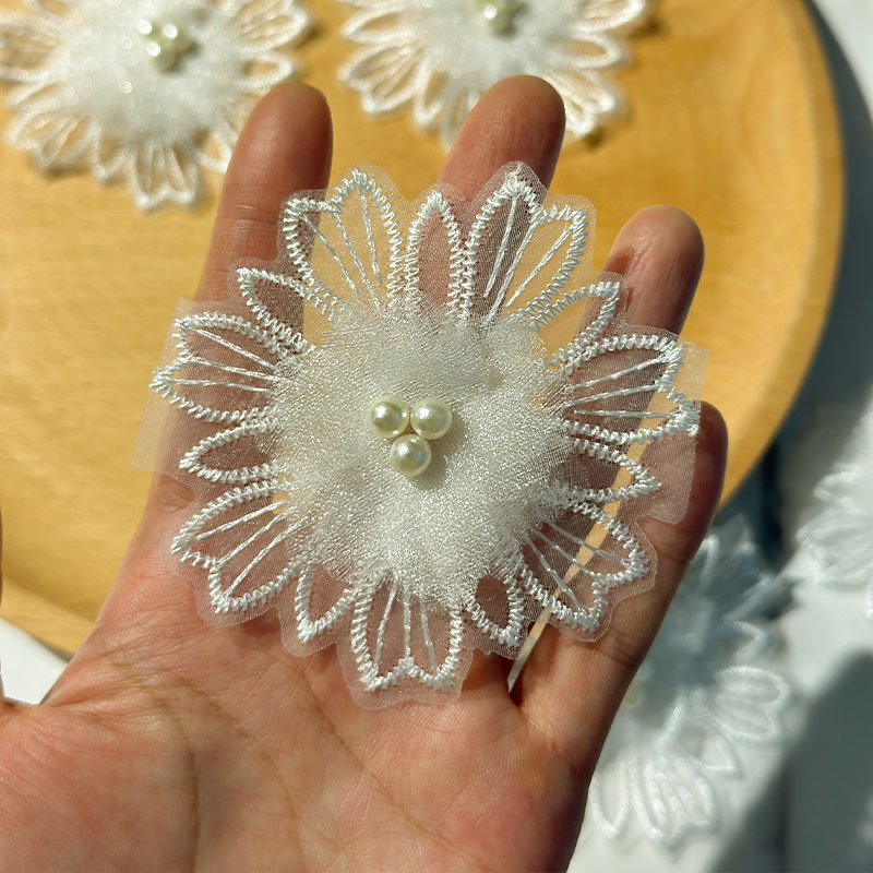 新品 涤光丝欧根纱花朵钉钻 立体花个钉钻条码 蕾丝花边辅料现货