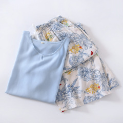 涼しくて通気性のある人綿の半袖の7分のズボンの家の服のスーツの綿のパジャマの女性の夏の薄いタイプはゆったりしていて、外に着ることができます。