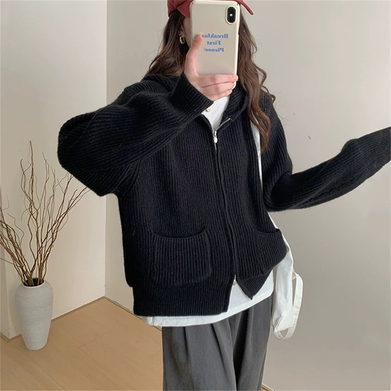 加厚简约坑条双口袋连帽拉链毛衣外套女秋冬新款宽松软糯针织开衫|undefined