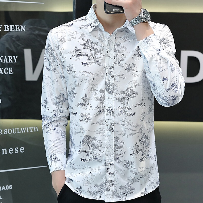Printed shirt for men, long-sleeved, floral pattern, sun-protective, lightweight, slim-fit, stylish, casual, trendy floral shirt Printed shirt for men, long-sleeved, floral pattern, sun-protective, lightweight, slim-fit, stylish, casual, trendy floral shirt