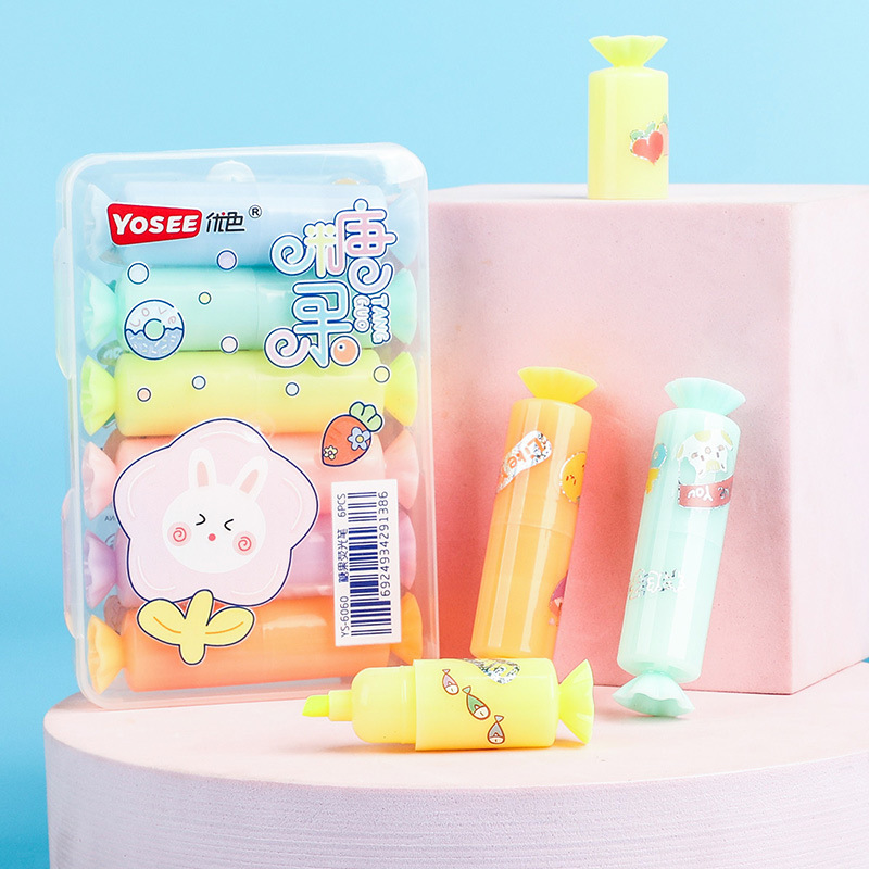 YS6060 Caramelo de dibujos animados estilo highlighter suministros escolares estudiante marcador con lindo DIY pegatinas