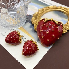 Factory wholesale antique enamel strawberry brooch earrings, niche minimalist suit coat flower