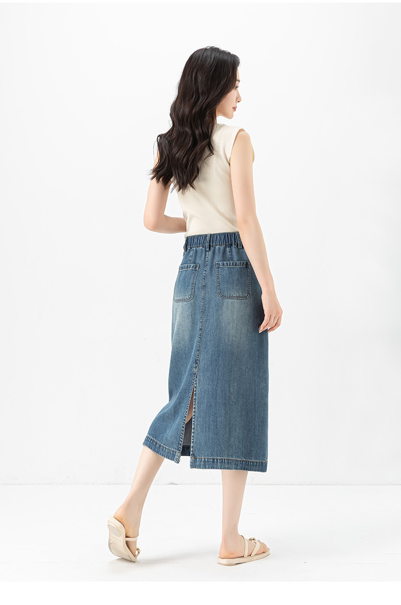 Váy denim Tencel nữ cạp cao chữ A dài vừa phải — đen chi tiết 23