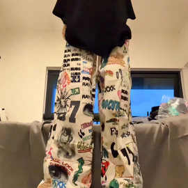 美式复古手绘彩色涂鸦直筒休闲裤男女宽松阔腿迷彩工装长裤