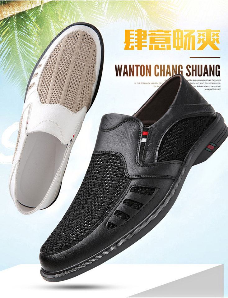Giày da nam công sở thường ngày kiểu mới mùa hè, da bò đế mềm, thân lưới thoáng khí, giày lười/sandal da — Trắng siêu ngàn, Đen siêu ngàn, Da bò màu trắng, Da bò màu đen chi tiết 3