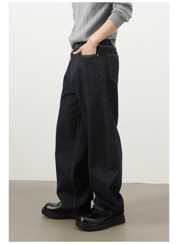 Quần jeans nam ống rộng dáng suông phong cách Mỹ, jean bò nguyên bản, lưng giữa, túi khóa kéo — Denim đen, Trắng, lâu, màu xanh chi tiết 18
