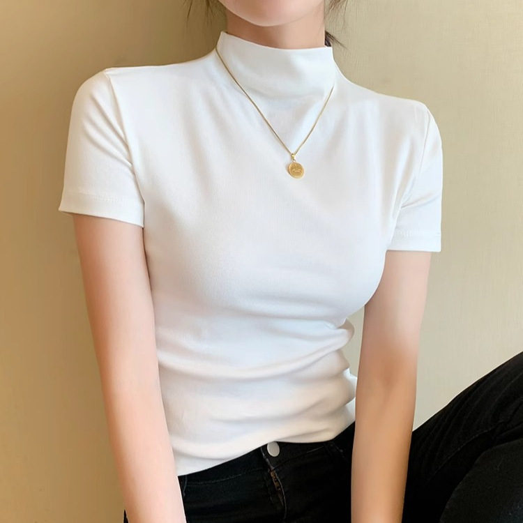 女性用ハーフタートルネック半袖ボトムシャツ、春夏秋の薄手の純綿Tシャツ、スリムフィットシャツ、気質半袖トップス|undefined