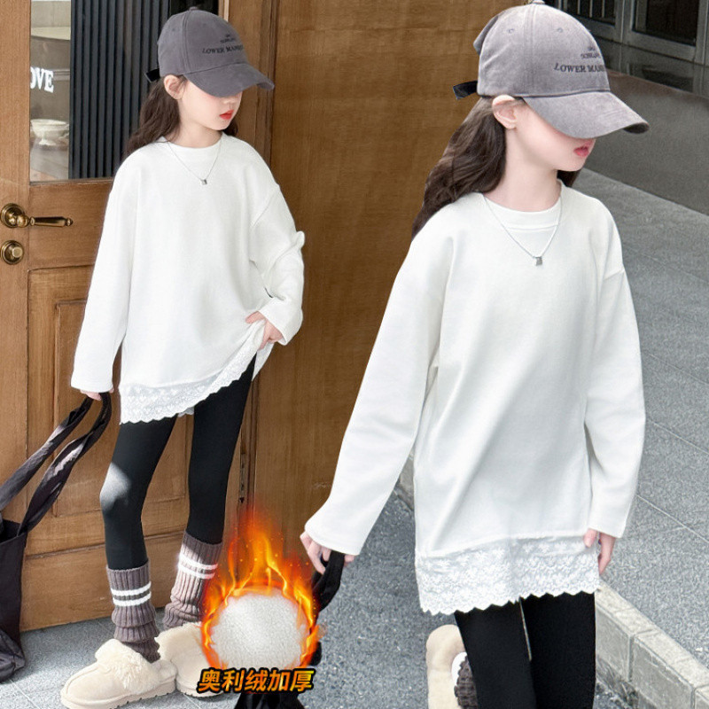 织里童装女童春秋打底衫长袖网红蕾丝花边t恤女大童秋季白色中长