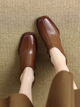 復古深口單鞋女2023春秋新款方頭粗跟及踝裸靴高跟棕色小皮鞋