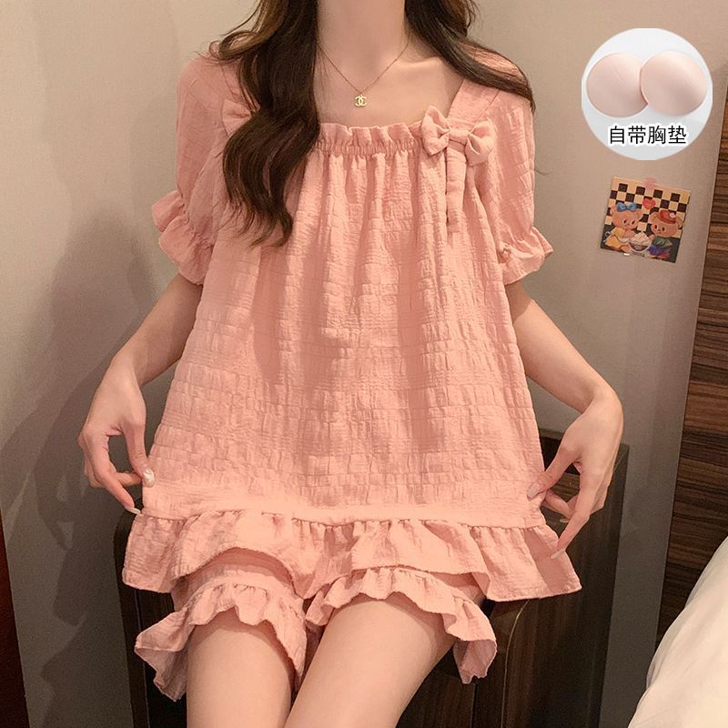 Venta al por mayor transfronteriza estilo caliente verano nuevo pijama mujer nube algodón lazo pantalones cortos de manga corta traje de servicio a domicilio dulce