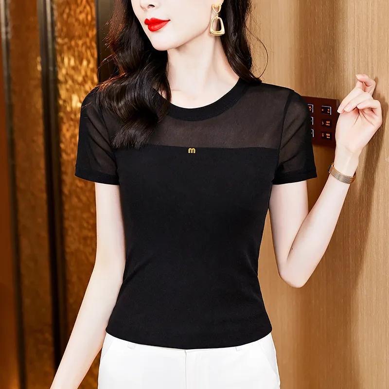 고귀한 디자인, 새로운 여름 스타일, 다재다능한 하프 터틀넥 솔리드 컬러 반팔 메쉬 바닥 셔츠 탑 티셔츠 여성용