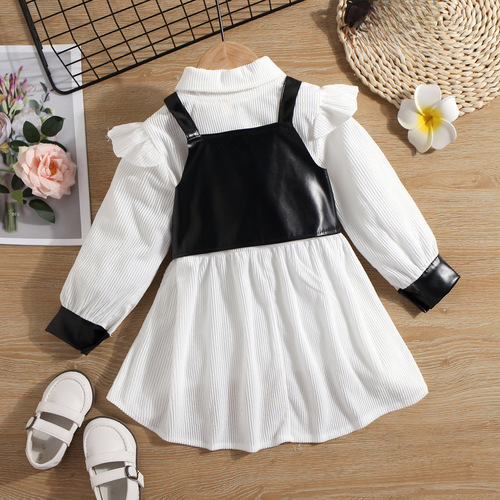  European and American Girls' Spring/Summer Corduroy Lapel Dress with Leather Vest – Two-Piece Set, Wholesale Foreign Trade Children's Clothing