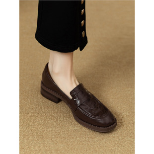 Great Soft French Style Retro Genuine Leather Round Toe Loafers Women's British Style All-match Soft Bottom Small Leather Shoes Mid-heel Thick Heel Single-layer Shoes