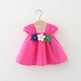 2022年夏季新款三朵花泡泡袖吊带连衣裙 女童韩版公主棉布裙子