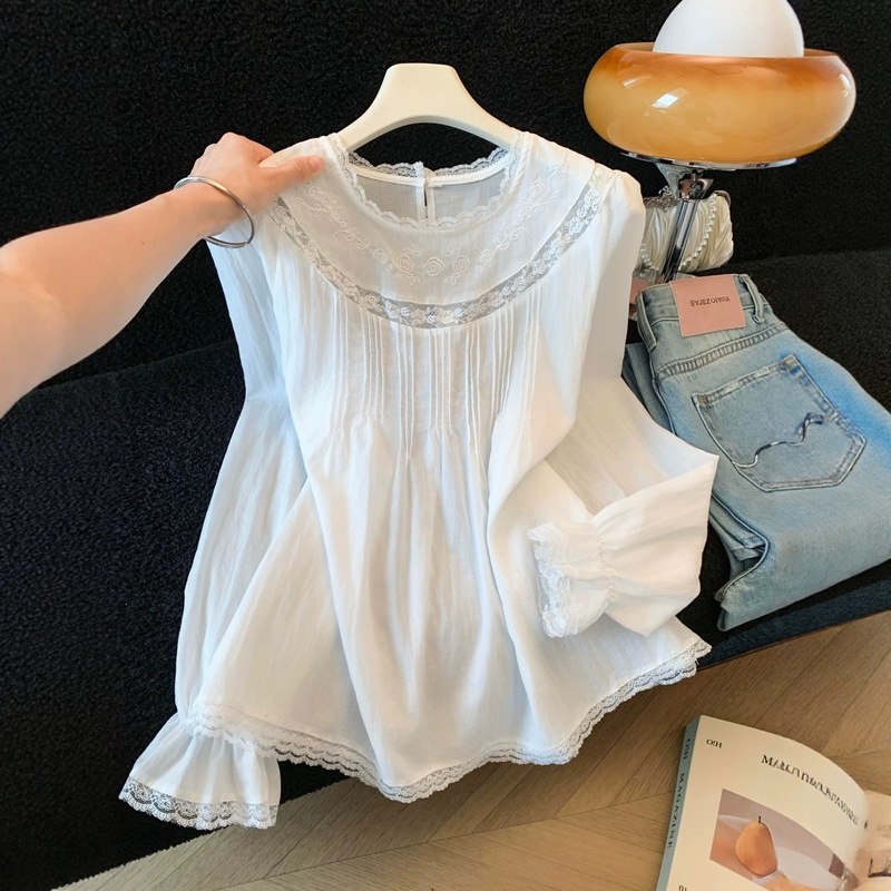 2026 Autumn New Long-Sleeve Korean-Style Simple Elegant French Romantic Lace Patchwork Pleated Design Shirt for Women 2026 Autumn New Long-Sleeve Korean-Style Simple Elegant French Romantic Lace Patchwork Pleated Design Shirt for Women