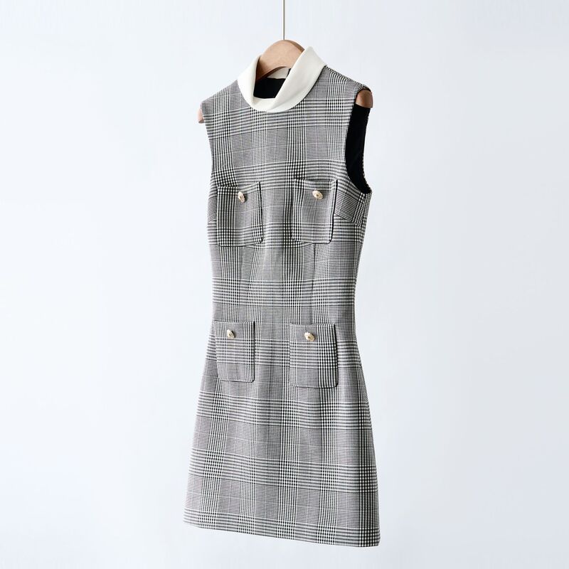 G 4K+S*P Prince of Wales Gray Plaid French Style Work Clothing Sleeveless Small Fragrant Half Turtleneck Dress