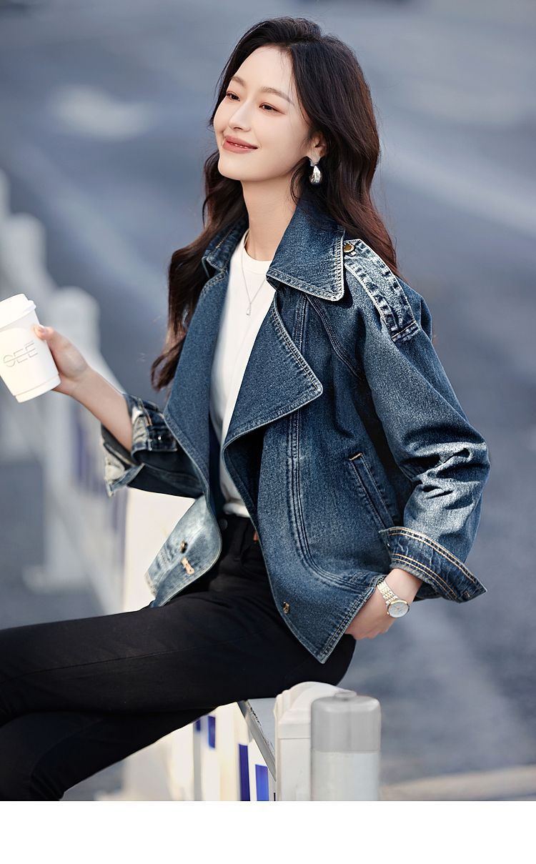 Women's Casual Stylish Trench Coat Short Collared Denim Jacket Spring Autumn New Fashion Style_mkmklike.com