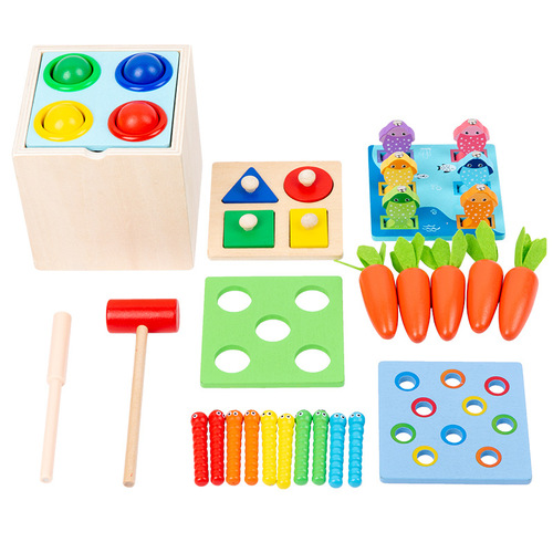 5 in 1 Montessori Wooden Permanent Box Coin Box Pull Carrot Shape Sorter Toddler Learning Toy