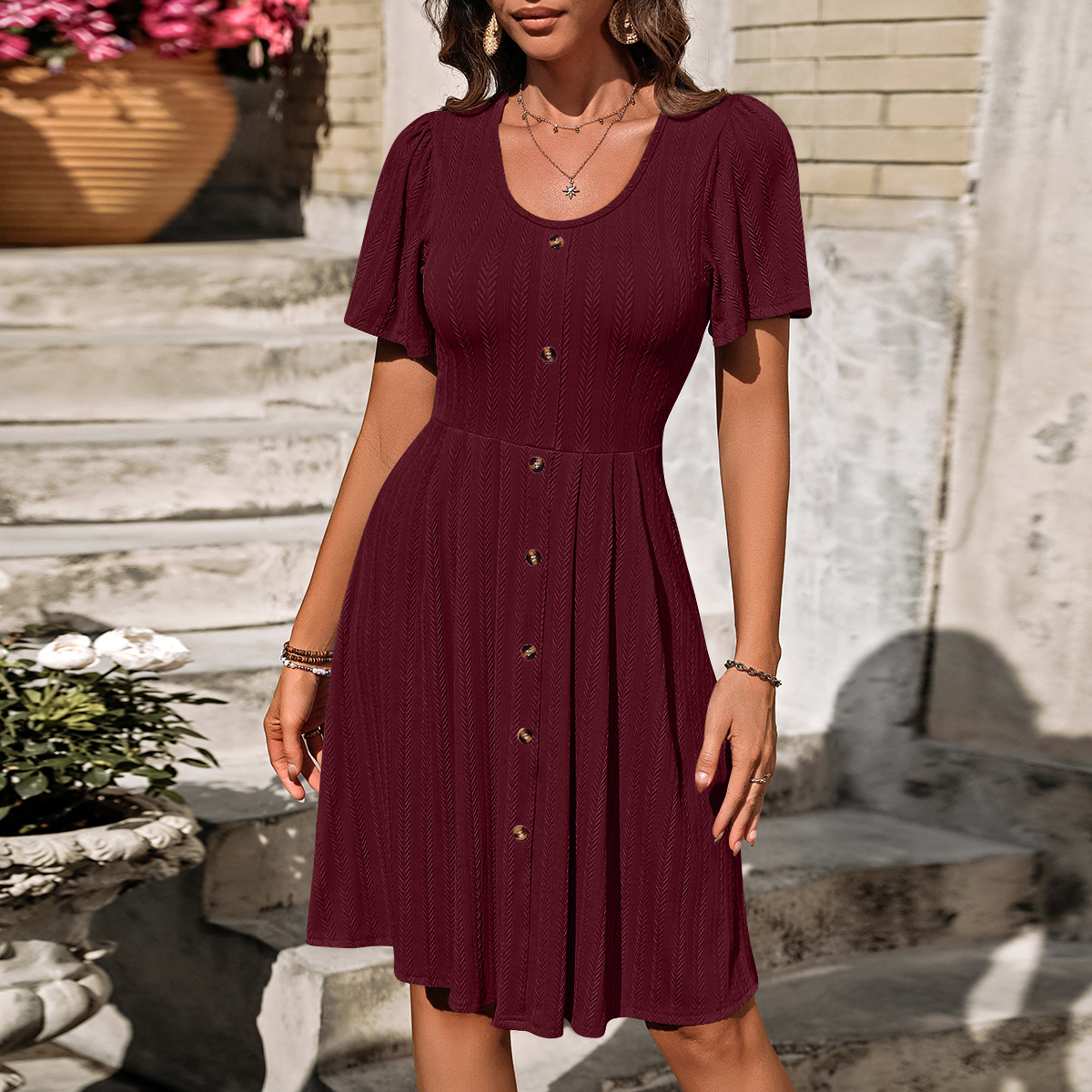 Women's Regular Dress Simple Style U Neck Button Short Sleeve Solid Color Midi Dress Holiday Daily display picture 15