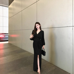 气质黑色v领长袖连衣裙女夏季高级感收腰开叉裙子修身纯欲a字长裙