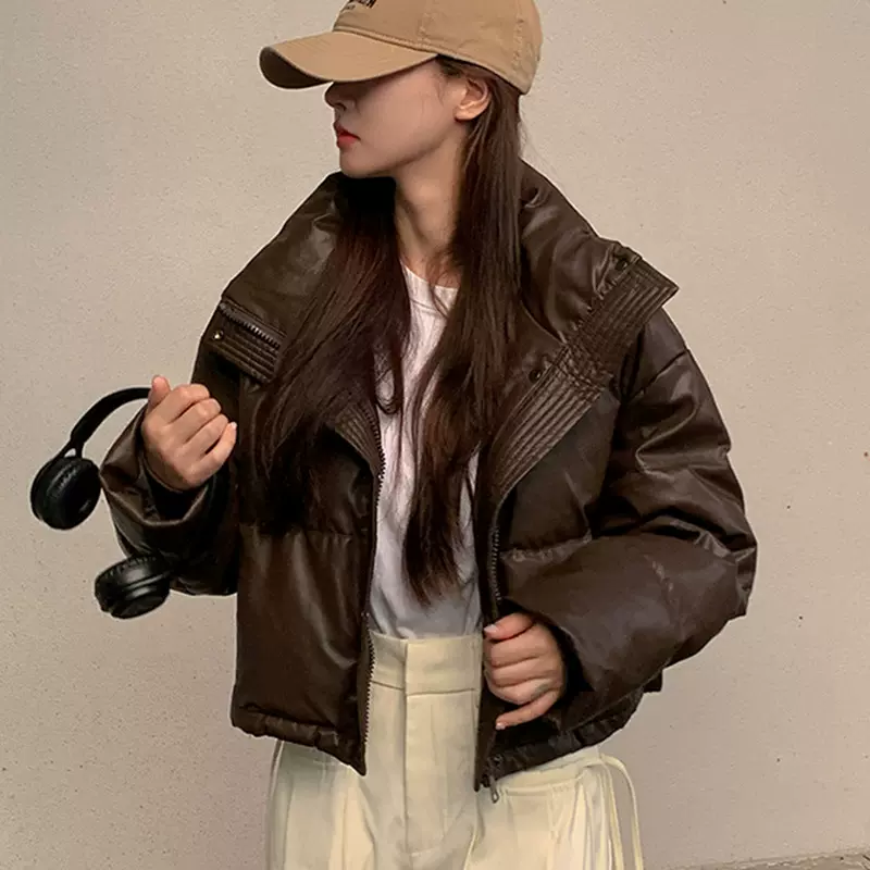 E5720小个子棉服女冬季韩版酷飒加厚PU皮短款面包服棉衣外套立领