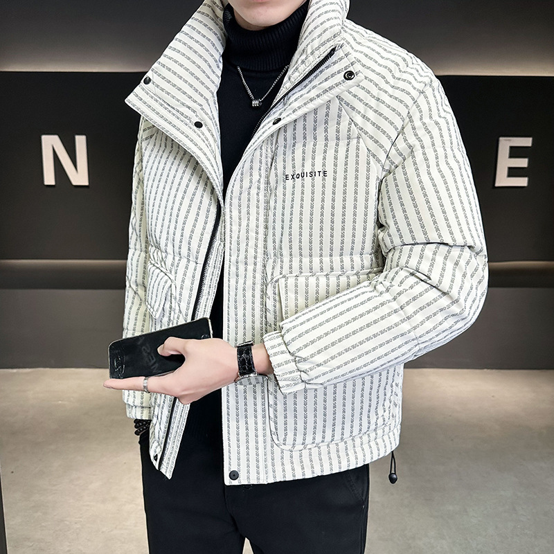 2025 Men's Thickened down Jacket Trendy National Standard 50 White Duck down Golden Silk Soft Fur down Jacket Striped Light Luxury