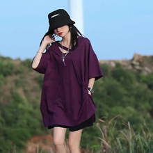 D10#小众设计感中长短袖t恤夏胖mm大码女装宽松显瘦百搭纯色上衣
