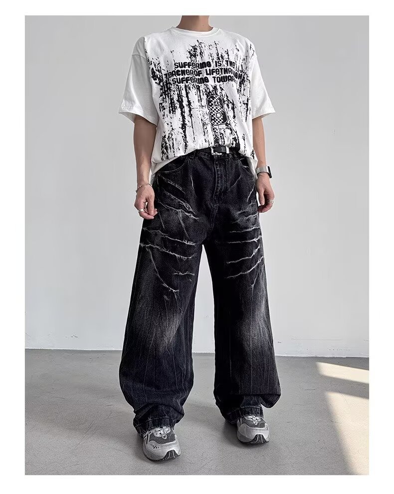 American Style Rivet Lightning Denim Jeans For Men And Women, Wide-Legged Distressed Wash Vintage Drop-Crotch Trousers, Trendy Streetwear Design_mkmklike.com