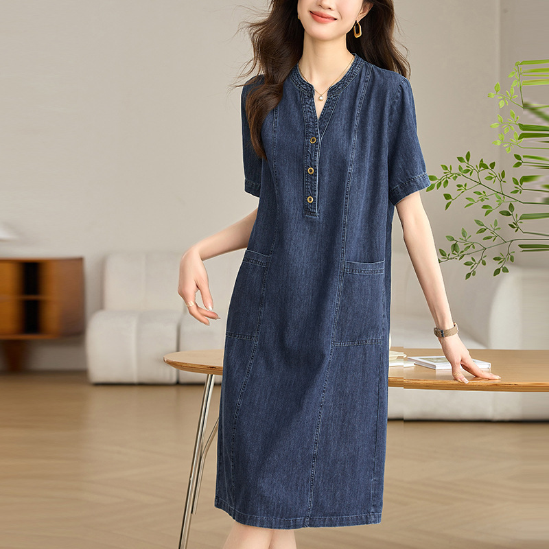 Retro Thin Short-Sleeved Denim Dress for Women 2024 Summer New Loose Slimming Look Casual Straight Skirt