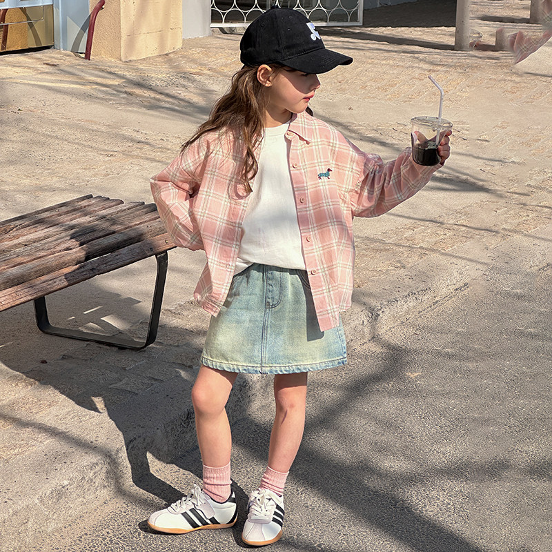 Stylish Pink Plaid Shirt for Children, New Spring and Autumn Style, Girls' Autumn Korean Style Casual Jacket
