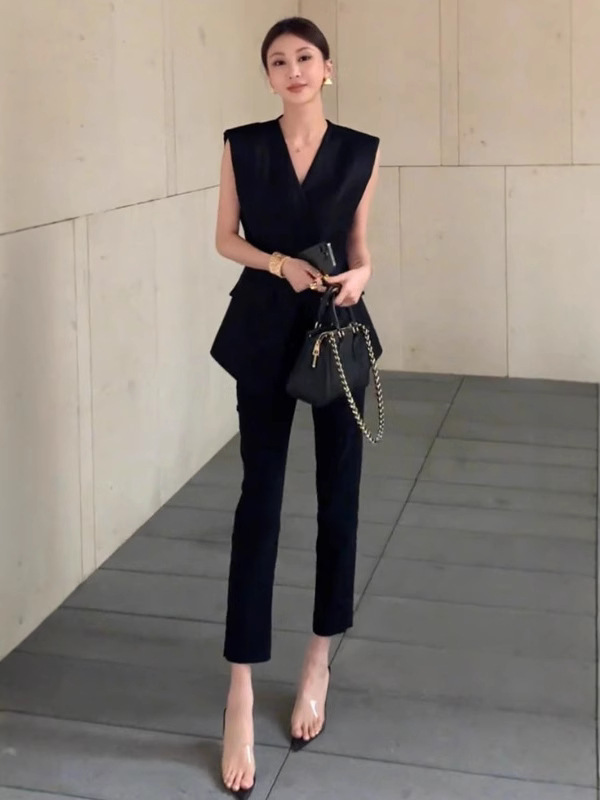 小柄な人向けの夏服、軽い高級感、高級感、フェミニン、スマートで気質のある、超人気のウエストベストスーツのセット|undefined