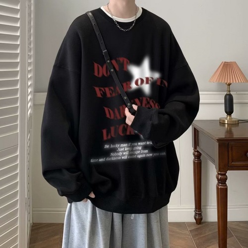 American Street Stars Letter Print Sweatshirt Men's Autumn Retro Streetwear Loose Top Crew Neck Couple's Jacket