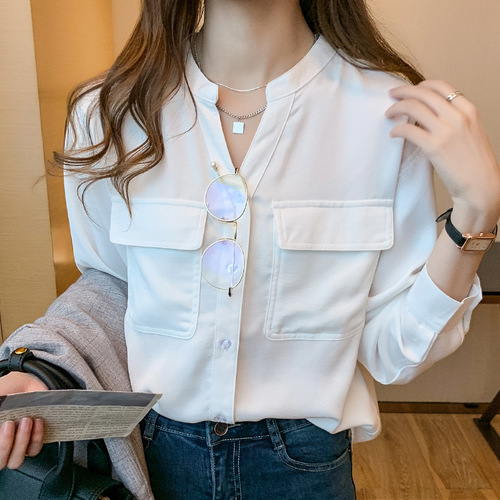 Shirts for women 2023 spring and autumn new fashion loose design niche V-neck chiffon shirt white top