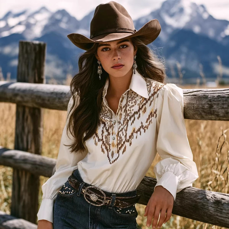 Amazon Tiktok Best-Selling Women's Clothing: Western Cowboy Style Paisley Print Shirt with Turn-Down Collar and Long Sleeves, Vintage Top