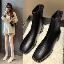 短靴秋季加绒方头2025瘦瘦靴粗跟百搭女马丁靴新款白色高跟鞋弹力
