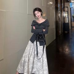 实拍~法式立体玫瑰修身显瘦针织衫上衣+高腰显瘦提花半身裙86710