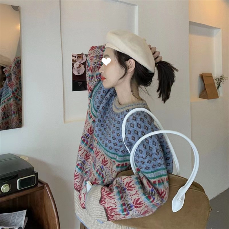 迷人针织提花外套女 慵懒宽松大码套头针织衫早秋新款圆领毛衣潮