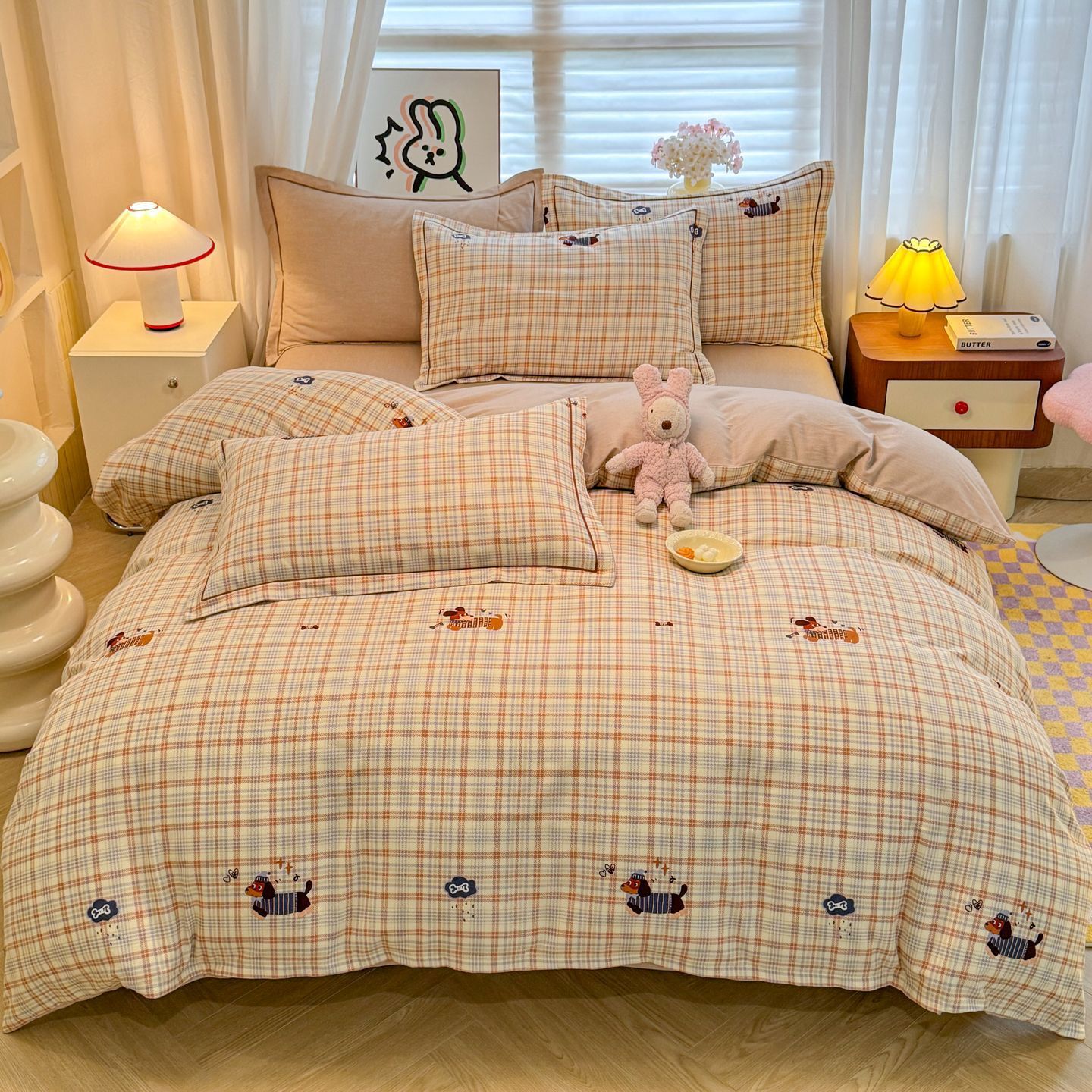 Cama de algodón grueso abrasivo con sábanas de algodón de tres piezas, cama de cuatro piezas, dormitorio de estudiantes, sensación de alto nivel