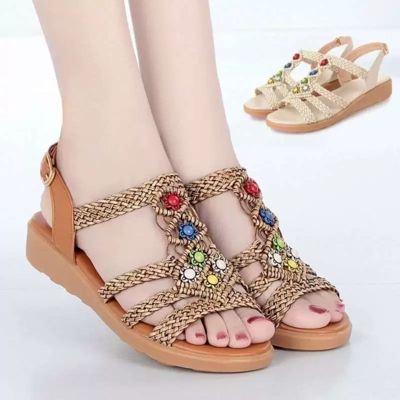 Летние женские сандалии, пляжная обувь ручной работы из бисера, мягкая подошва, плоская подошва, сухожильная подошва, туфли для мам большого размера, нескользящие и модные.