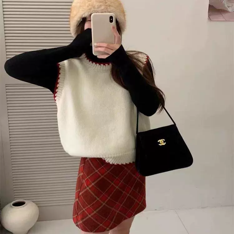 韩版撞色圆领短款针织马甲女2025年春季新款宽松百搭软糯毛衣背心