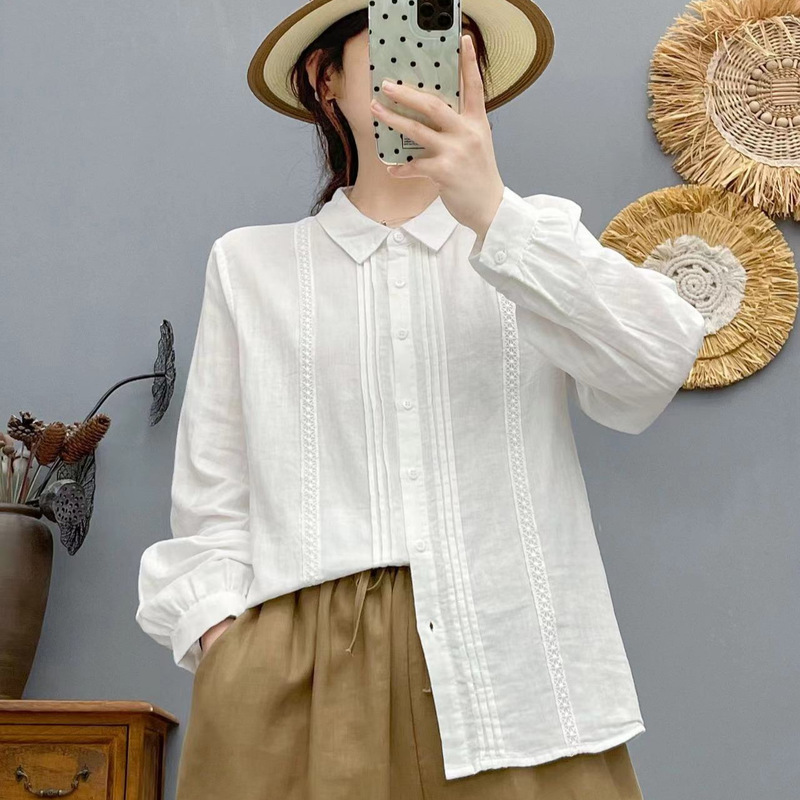 Autumn 25 Shirt Long-Sleeved Women's Long-Sleeved Loose Casual Korean Lace Shirt Top Double-Layer Gauze Shirt