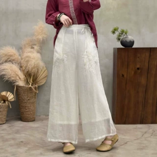 2026夏季新款 简约纯色刺绣勾花苎麻直筒裤女 宽松高腰系带长裤女